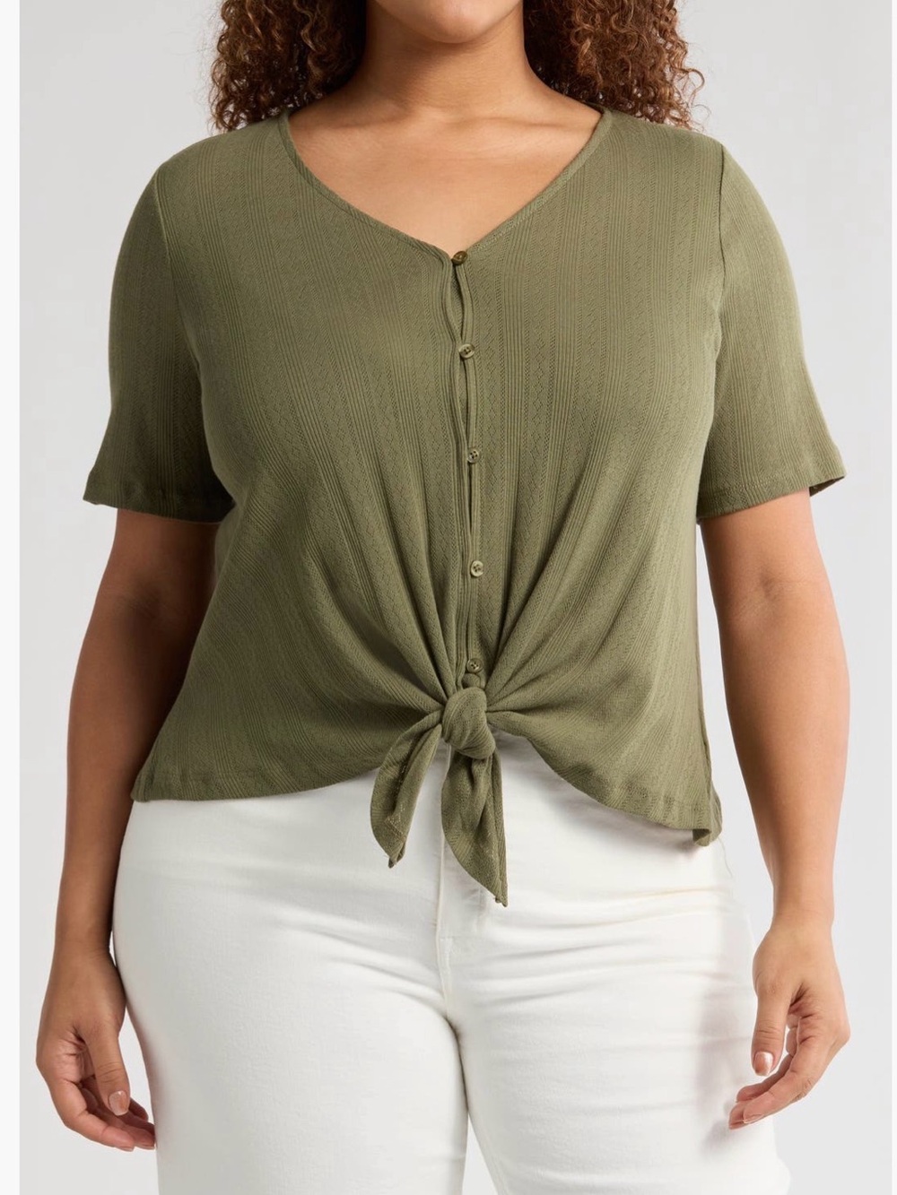 Sanctuary Tie-Front Cotton Pointelle Green Top